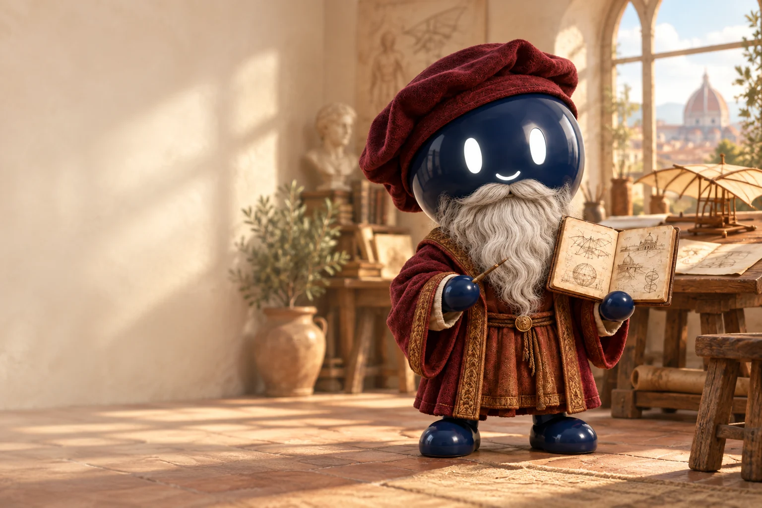 Leonardo da Vinci, un personaje esférico con boina y cuaderno, en su taller de Florencia