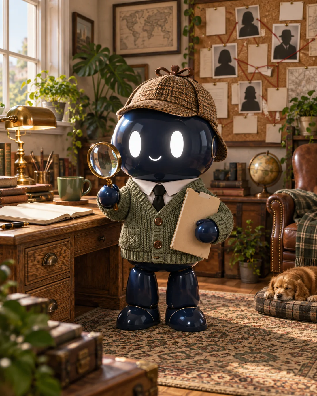 Detective esférico con lupa y su cuaderno de investigación